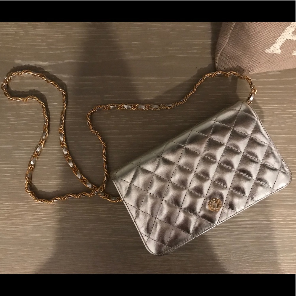 Silver clutch with chain strap